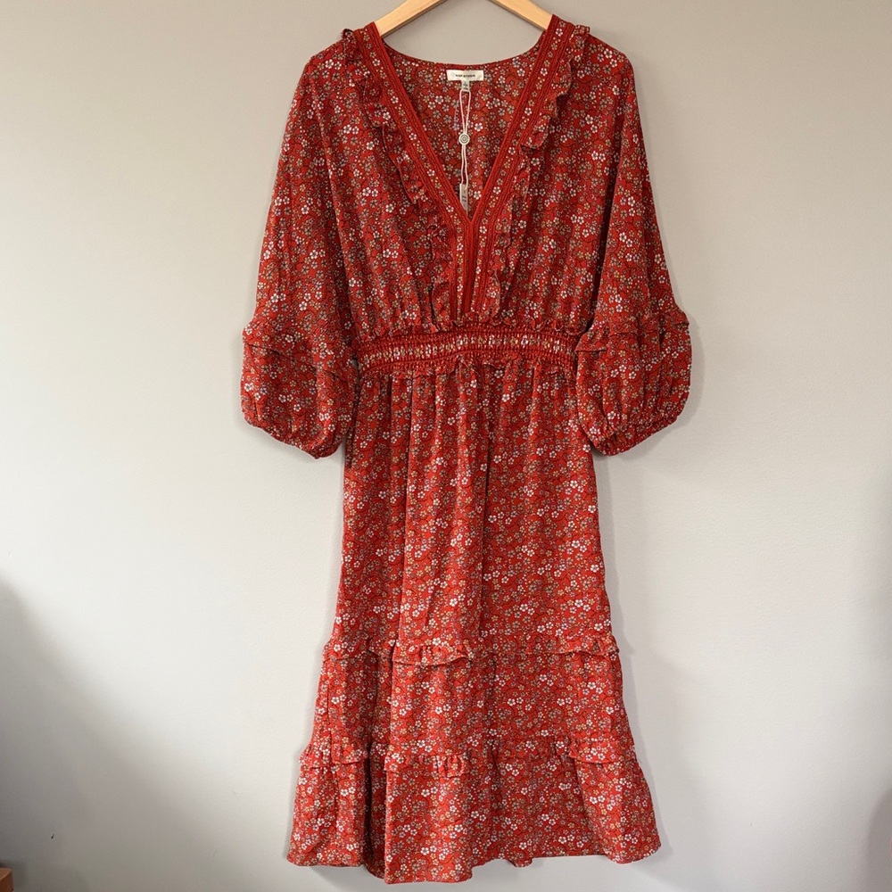Max Studio Boho Peasant Floral Midi Dress Size‎ Large Cottagecore Prairie